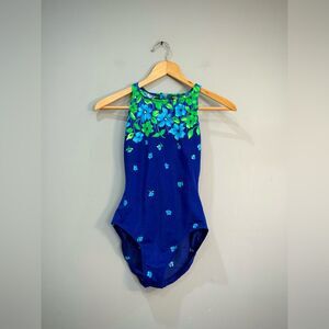 Blue Vintage Basic Editions Floral One-Piece Swimsuit Size 12 EUC